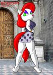  back butt canine church clothed clothing diana_(characters) green_eyes hair mammal por_furryart_(artist) red_hair short_skirt skirt solo standing wolf 