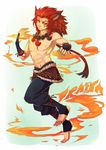  2011 animal_ears anthro clothed clothing feline fire fraska_(character) hair half-dressed human jotaku lion looking_at_viewer male mammal markings navel necklace nipples plain_background pose red_hair solo topless yellow_eyes 