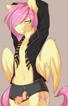  2015 animal_genitalia anthro anthrofied arms_behind_head boxer_briefs chest_tuft clothing crossgender cutie_mark equine fluttershy_(mlp) friendship_is_magic fur girly green_eyes hair half-closed_eyes horsecock looking_away male mammal my_little_pony navel necktie open_pants open_shirt pants pegasus penis pink_hair plain_background poking_out precum rainbowscreen shirt solo tuft underwear wings yellow_fur 