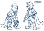  annoyed anthro belt black_nose boots canine clothing collar duo english_text eyewear fingerless_gloves fox fox_mccloud fur furinchime gloves gun handgun headset jacket male mammal monochrome nintendo plain_background ranged_weapon shoulder_pads spikes star_fox text video_games watermark weapon wolf wolf_o&#039;donnell 