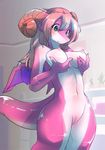  anthro blush breasts dragon erect_nipples female green_eyes hair holding_breasts horn long_hair nipples pink_skin pussy scalie solo standing thick_thighs urekemo wings 