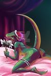  2015 annoying_watermark argonian blue_eyes breasts butt feather_hair feet herisheft horn lifts-her-tail looking_at_viewer maid maid_uniform reptile scalie solo teeth the_elder_scrolls tongue video_games watermark 