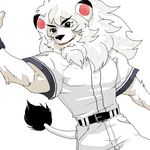  anthro baseball_uniform belt black_eyes black_fur chikuwabu clothing ear_markings eyebrows facial_markings feline fur hair leo_(saitama_seibu_lions) lion male mammal mane markings mascot muscles neck_tuft nippon_professional_baseball pants plain_background saitama_seibu_lions shirt smile solo standing tail_tuft teeth thick_eyebrows tuft waving whiskers white_background white_fur white_hair wristband 