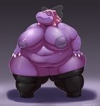  big_breasts breasts female hair hippopotamus huge_breasts kazecat leggings legwear mammal obese overweight pink_hair purple_skin shiny solo wide_hips 