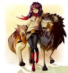  2011 ambiguous_gender anthro blue_eyes breasts canine clothing duo female feral hair horn human jotaku looking_at_viewer mammal purple_hair seylyn_(character) sword weapon wolf yellow_eyes 