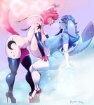  2015 absurd_res anthro areola big_breasts blue_eyes blue_hair blush breasts clothing duo eeveelution elbow_gloves eyes_closed female female/female glaceon gloves hair hi_res high_heels huge_breasts legwear long_hair nintendo nipples open_mouth pink_hair plankboy pok&eacute;mon short_hair sylveon thigh_highs tongue tongue_out video_games 