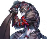  abs biceps eye_patch eyewear feline fur jacketbear male mammal muscles red_eyes solo sword tiger weapon 