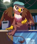  2015 avian beak brown_fur cash_register coin female friendship_is_magic fur glass gryphon hat hi_res inside my_little_pony paws pussy sitting solo spread_legs spreading stoic5 teats wings 