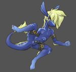  anthro anus armband asdfjkl03 balls black_sclera blonde_hair blue_body blue_scales butt dragon erection fin fur hair inviting knot ladon leg_grab legband looking_at_viewer lying male markings on_side penis precum presenting presenting_hindquarters raised_leg scalie seductive slit_pupils smile solo tail_tuft tuft yellow_eyes yellow_fur 