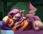  applejack_(mlp) bat bat_pony bed blonde_hair cutie_mark duo equine eyes_closed female female/female flutterbat_(mlp) fluttershy_(mlp) friendship_is_magic fur hair horse inside licking long_tongue mammal moonlitbrush_(artist) my_little_pony open_mouth orange_fur pillow pink_hair pony smile tongue tongue_out wings yellow_fur 
