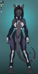  2015 abs abstract_background anthro aurancreations black_hair color_swatch dragon ear_piercing feline female front_view gradient_background grey_skin hair horn long_hair mammal model_sheet muscles muscular_female panther piercing safira scalie slit_pupils solo standing suit yellow_eyes 