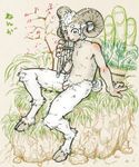  2015 anthro balls bamboo butt caprine digitigrade flaccid fur goat grass hair holidays hooves horn japanese_text looking_at_viewer male mammal new_year nude outside pan_(mythology) pan_flute penis pubes rock satyr sitting smile solo text torte uncut white_fur white_hair 