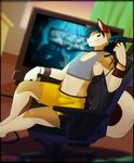  2015 anthro bioshock black_hair blue_eyes bracelet brown_fur caleb_(caitocore) canine chair clothed clothing dog fur gaming hair headset husky jewelry looking_at_viewer male mammal navel otterbits shirt short_shirt shorts sitting smile solo tan_fur tank_top television video_games 