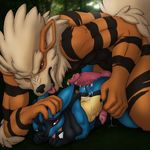  2015 anthro anthrofied arcanine blue_eyes cum cum_in_ass cum_inside cum_on_penis erection hi_res knot lucario male male/male nintendo penis pok&eacute;mon red_eyes sex size_difference tongue tongue_out video_games x03 