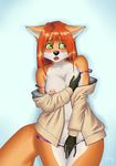  arist:justice blush bra canine clothing covering covering_self embarrassed female fox green_eyes hair lingerie mammal panties red_hair underwear undressing 