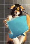  blush breasts brown_eyes brown_hair canine covering covering_self embarrassed female fox hair justice large_boobs long_hair mammal nude shower washcloth 