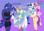  2015 blue_eyes blush caroo clothing crown dialogue english_text equine female foot_fetish friendship_is_magic gloves glowing gold group horn husband_and_wife levitation magic male mammal my_little_pony princess_cadance_(mlp) princess_celestia_(mlp) princess_luna_(mlp) purple_eyes shining_armor_(mlp) sibling sisters sparkles sweat text tickling unicorn winged_unicorn wings 