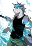  abs anthro aura biceps big_muscles black_nose blue_aura canine clothing digital_media_(artwork) dog dog_tags fur grey_fur grey_hair guitar hair husky kouya_aotsuki looking_at_viewer male mammal morenatsu muscles musical_instrument musikus necklace pants pecs pose shirt solo standing sweatband tank_top teeth toned white_fur wristband yellow_eyes 