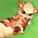  ambiguous_gender arcanine black_eyes blush canine cute feral fur grass huiro looking_at_viewer lying mammal nintendo outside pawpads paws pok&eacute;mon smile solo teeth video_games 