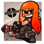  blood blood_on_face cosplay domino_mask fang fingerless_gloves full_body gatling_gun gloves grin gun heavy_splatling_(splatoon) highres inkling long_hair looking_at_viewer mask minigun orange_hair red_eyes sarikyou sidelocks smile solo splatoon_(series) splatoon_1 team_fortress_2 tentacle_hair the_heavy the_heavy_(cosplay) weapon 