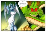  2015 ? absurd_res amber_eyes anthro big_breasts blue_skin breasts cleavage clothed clothing dragon dragon_ball dress english_text female feral green_hair green_skin hair hi_res horn long_hair looking_at_viewer looking_up male navel one_eye_closed red_skin reptile scalie shenron smile spikes standing tatara94 text tight_clothing whiskers white_skin wide_hips wings wink 