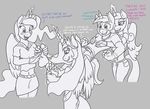  2015 black_and_white blush caroo clothing dialogue english_text equine female foot_fetish friendship_is_magic gloves glowing group horn husband_and_wife levitation magic male mammal monochrome my_little_pony princess_cadance_(mlp) princess_celestia_(mlp) princess_luna_(mlp) shining_armor_(mlp) sibling sisters sparkles sweat text tickling unicorn winged_unicorn wings 
