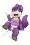  anthro belly bottomless butt cheek_tuft chubby cigarette claws clothed clothing cub female fur green_tongue hair_tuft half-dressed hi_res hindpaw kantra lando looking_up mammal mustelid navel open_mouth otter pawpads paws peeing plain_background purple_fur pussy shirt sitting smoking solo spread_legs spreading tan_fur tank_top teeth tongue tuft urine white_background yellow_eyes young 