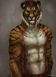  anthro clothed clothing feline fur green_eyes hair half-dressed looking_at_viewer male mammal mane navel nipples oouna red_hair solo stripes tiger topless 
