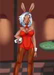  brown_fur bunnygirl_costume female fur grey_hair hair kemono lagomorph legwear mammal poker rabbit red_eyes ribbons stockings しおいぬ 