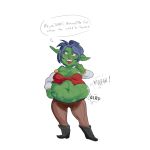  belly blue_hair clothed clothing english_text female goblin grindavikbydaylight hair humanoid post_vore simple_background solo text vore white_background 