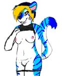  2015 anthro beanie bex breasts clothed clothing feline female hair half-dressed hat jolteonkitty looking_at_viewer mammal nipples panties pussy smile solo tiger underwear undressing 