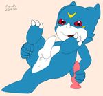  2015 anthro anus digimon digital_media_(artwork) dildo erection flat_colors grin legs_up looking_at_viewer lying male myartsucks on_back partially_retracted_foreskin penis perineum presenting presenting_anus sex_toy signature solo spread_legs spreading uncut veemon 
