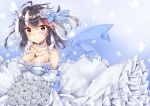  absurdres ahoge akiteru98 bangs bare_shoulders beads black black_hair blue_background blue_ribbon blush bouquet breasts choker cleavage collarbone commentary_request detached_sleeves dress eyebrows_visible_through_hair flower frills gradient gradient_background grin hair_between_eyes hair_flower hair_ornament hair_ribbon highres holding holding_bouquet holding_flower horns jewelry kijin_seija long_hair long_sleeves looking_at_viewer medium_breasts multicolored_hair pendant petals red_eyes red_hair ribbon rose rose_petals smile solo spaghetti_strap streaked_hair touhou wedding_dress white_choker white_dress white_flower white_hair white_rose 