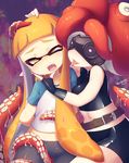  arms_behind_back belt bike_shorts black_gloves blueberry_(5959) blush domino_mask fang fingerless_gloves gloves highres inkling long_hair mask midriff multiple_girls navel octarian octoling one_eye_closed open_mouth orange_eyes orange_hair pointy_ears red_hair saliva saliva_trail sidelocks splatoon_(series) splatoon_1 takozonesu tentacle_hair tentacles tongue tongue_out yuri 