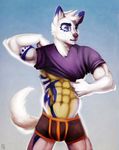  2014 abs biceps blue_eyes canine clothed clothing fur littlefreckles male mammal muscles pecs shirt solo tattoo ulric underwear white_fur white_wolf wolf 