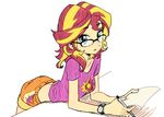  baekgup clothing equestria_girls eyewear glasses human mammal my_little_pony paper plain_background shorts sunset_shimmer_(eg) watch white_background 