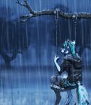  anthro bipedal clothed clothing female fighterjet forest grass hair hybrid long_hair mammal outside raining sitting solo swing tree 