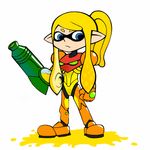  arm_cannon blonde_hair blue_eyes cosplay crossover domino_mask highres ink inkling mask metroid monster_girl pointy_ears ponytail power_suit samus_aran samus_aran_(cosplay) solo splatoon_(series) splatoon_1 tentacle_hair weapon 