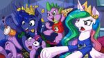  2015 blue_hair chips clothing cutie_mark dragon equine female feral food friendship_is_magic hair hi_res horn horse latecustomer long_hair mammal my_little_pony open_mouth pizza pony princess_celestia_(mlp) princess_luna_(mlp) shirt spike_(mlp) twilight_sparkle_(mlp) unicorn winged_unicorn wings 