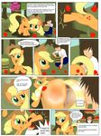  anus apple applejack_(mlp) big_butt blonde_hair butt comic cutie_mark dialogue earth_pony english_text equine friendship_is_magic fruit fur furry_tail green_eyes hair happy hat horny horse human invalid_tag long_hair mammal my_little_pony one_eye_closed orange_fur picking_up pony ponytail pussy pussy_juice smile text tired title 