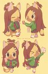  2015 anthro beverage bow brown_hair canine clothing cute english_text eyes_closed female footwear fox hair jacket kittsun legwear long_hair mammal mouthless phone plain_background ricosye shirt shoes show_by_rock!! sitting skirt socks soda solo standing sweat text uniform video_games 