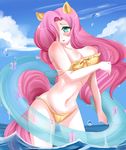  2015 animal_ears big_breasts bikini blue_eyes breasts clothed clothing cute equine female fluttershy_(mlp) friendship_is_magic furry_tail hair horse human looking_at_viewer mammal my_little_pony nipples open_mouth pink_hair pony saintxtail shy solo swimming swimsuit water 