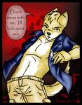  anthro canine cargo_pants cigarette clothed clothing dialogue dog fur half-dressed invalid_tag jason koshkio looking_at_viewer male mammal open_shirt shirt solo standing swear text threaten yellow_fur 