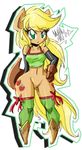  2015 anthro anthrofied applejack_(mlp) blonde_hair blush boots bottomless clothed clothing cowboy_boots cowboy_hat cutie_mark danmakuman elbow_gloves equine female freckles friendship_is_magic gloves green_eyes hair half-dressed hat horse mammal my_little_pony navel pony solo wide_hips 
