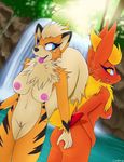  anthro blue_eyes blush breasts butt butt_grab candyfoxy eeveelution female flareon fur growlithe hand_on_butt nintendo nipples open_mouth pok&eacute;mon pussy ribbons smile tongue video_games waterfall yellow_eyes 