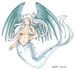  avian bird breasts feathers female fin fish hair invalid_tag koshkio long_hair looking_at_viewer marine mermaid mixed nude offspring scales scalie solo stripes swimming white_hair wings 