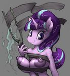  2015 anthro anthrofied areola big_breasts blush breasts equine female friendship_is_magic grey_background hair hi_res horn long_hair mammal mirapony my_little_pony nipples plain_background polearm purple_eyes smile solo staff starlight_glimmer_(mlp) two_tone_hair unicorn weapon 
