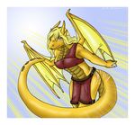  anthro blonde_hair clothed clothing dragon female firessen hair horn invalid_tag koshkio light long_hair looking_at_viewer scales scalie shorts solo standing sun the_clan tribal wings yellow_scales 