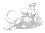  2014 anthro big_breasts black_sclera blush breast_squish breasts claws dickgirl dragon hand_on_breast huge_breasts intersex jorlus kalnareff looking_at_viewer monochrome nipples nude scalie sitting slit_pupils solo toe_claws voluptuous 