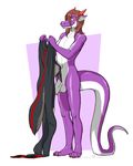  2015 anthro balls banderi black_fur brown_hair canine claws clothing dragon fox fur fursuit grey_fur hair kalnareff_(character) long_hair male mammal navel nude penis purple_scales red_fur scalie slit_pupils smile toe_claws white_scales yellow_eyes 